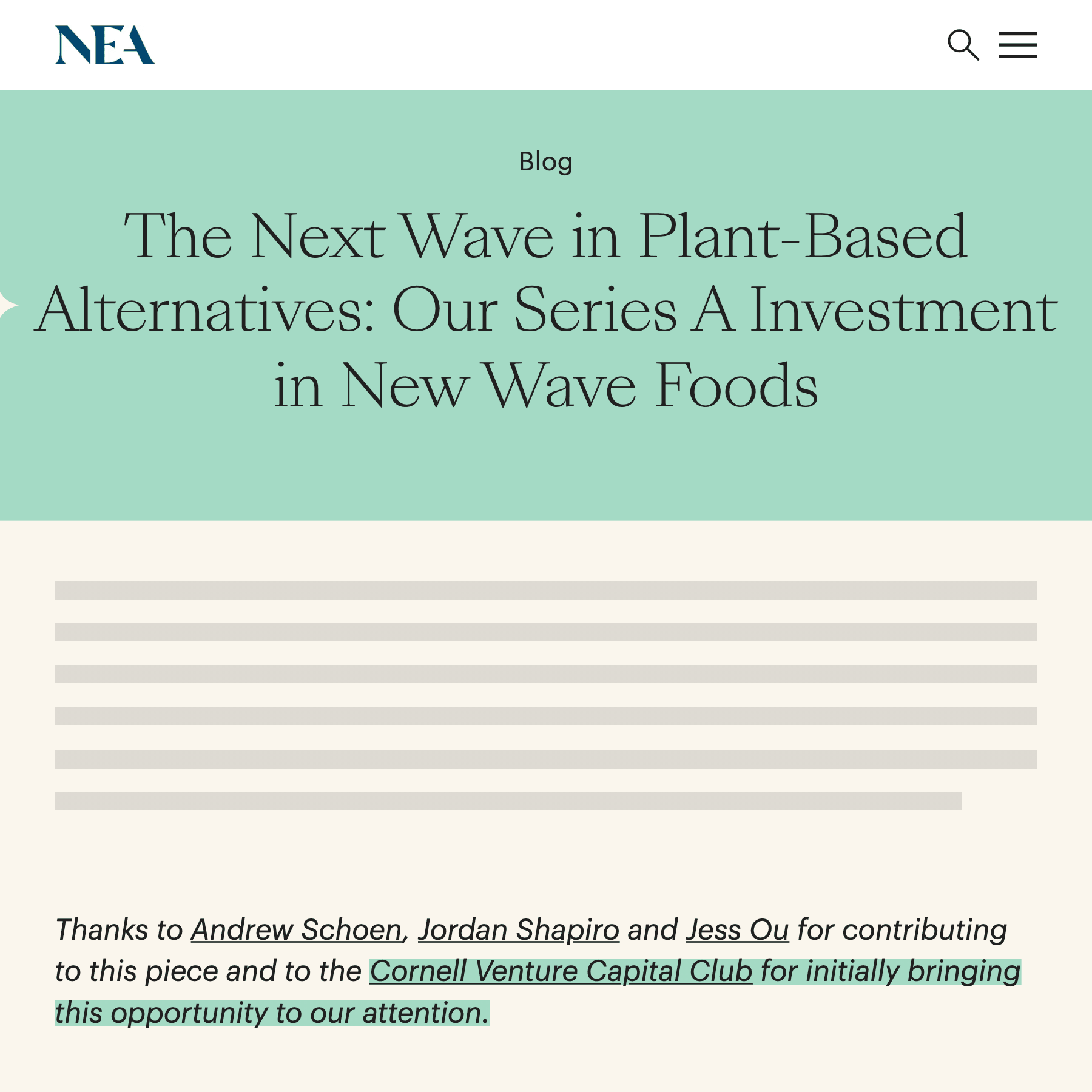 NEA's blog post on its Series A investment in New Wave Foods, closing with thanks to the Cornell Venture Capital Club for bringing the deal to NEA's attention